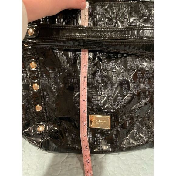Michael Kors Black Patent Embossed Logo Shoulder Bag Gold Accents - Picture 2 of 9